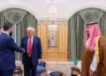US President Donald Trump shakes hands with Syrian President Ahmad al-Sharaa as Saudi Crown Prince mohammad Bin Salman looks on, in Riyadh, May 14, 2025. (Saudi Royal Palace)